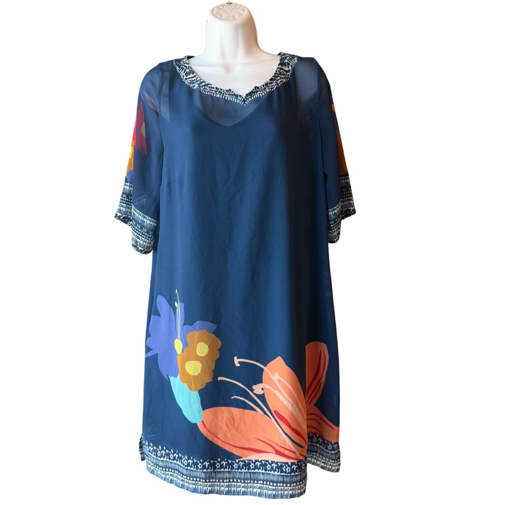Soft Surroundings Petite Medium Blue Floral Shift Dress Bell Sleeve Boho